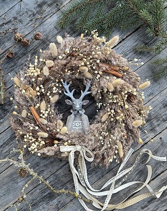 Wianek naturalny świąteczny boho z traw złoto renifer figurka ceramiczna, Zamotana z pasją