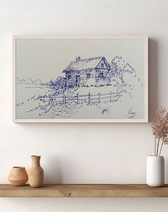 Rysunek cienkopis Wiejska chata oryginalny 20x30 cm, Kwitnace