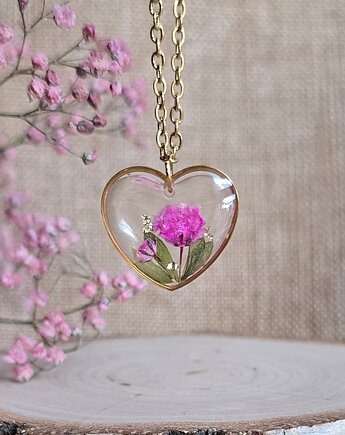 Złota zawieszka wisiorek kwiaty serce serduszko różowa, zkwiatem