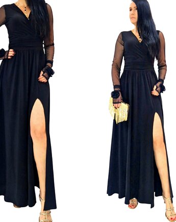 Sukienka wieczorowa maxi z długim tiulowym rękawem z różą r34-56, MC Fashion