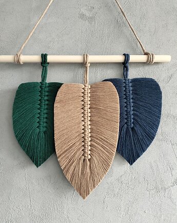 Makrama Liście Zieleń Beż Granat Ozdoba Ścienna Boho 40 cm, Pracownia Wardin
