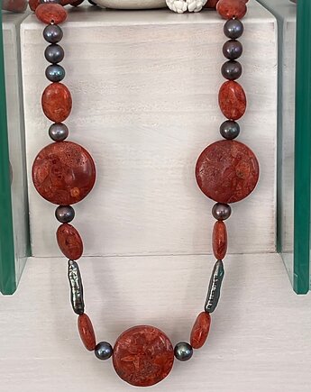 VINTAGE -Naszyjnik Koralowiec i Perły Hodowlane, Ade Art