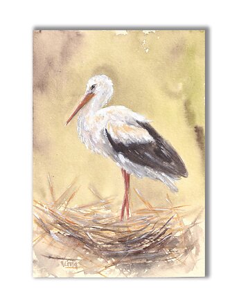 Bocian. Akwarela ręcznie malowana, Galeria Alma