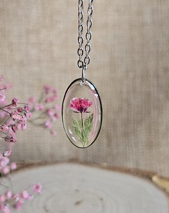 Srebrna zawieszka jajowata suszone kwiatowy bukiet różowa