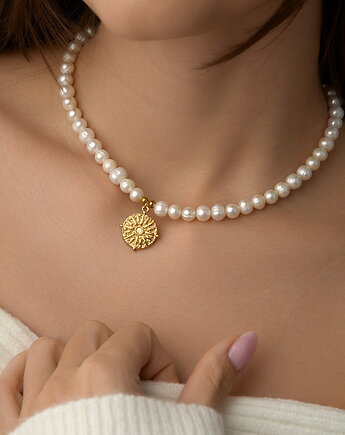 Naszyjnik perły naturalne moneta- stal szlachetna pozłacana, Coccola JEWELLERY