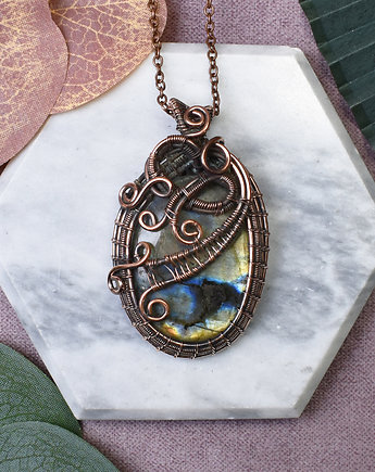 Miedziany wisiorek wire wrapping z labradorytem #458, Spirit Of Copper