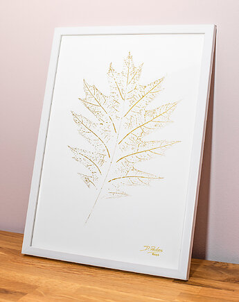 Autorska Grafika w ramie 20x30cm. Plakat Złoty Liść Dąb. Golden Oak Leaf, Kuźnia Obrazów