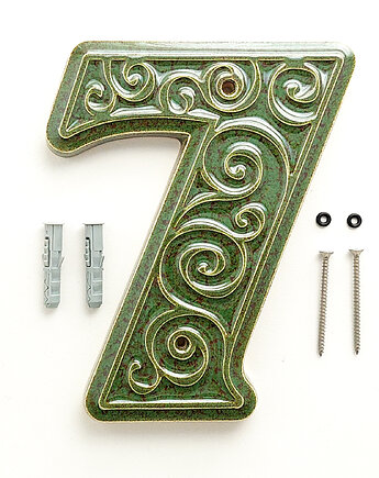 Numer domu, cyfra 7 zielono-brązowa, do przykręcenia, pracowniazona