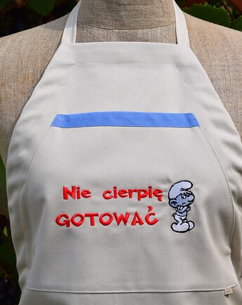 Fartuch Kuchenny bawełniany beżowy haftowany NIE CIERPIĘ GOTOWAĆ - PREZENT, Wyszywane