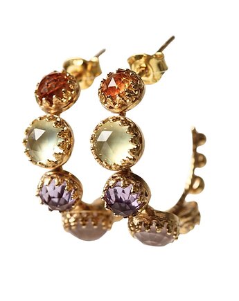 Złote kolczyki kółka z kamieniami szlachetnymi, Blooming Stones