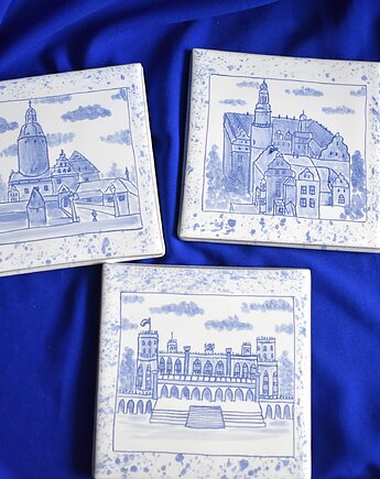 Kafelki ręcznie malowane zamki Dolnego Śląska kobalt, Kobaltowa Sroka
