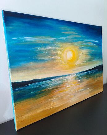 Obraz Olejny 50x70 Abstrakcja Wschód Słońca Morze Góry Szpachelka Woda, kkjustpaint Karolina Kamińska