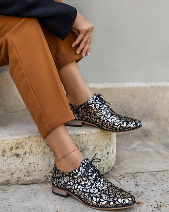 Skórzane półbuty jazzówki Zapato model 246 złote kwiaty, Zapato