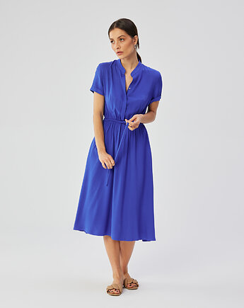 Sukienka ze stójką i wiązaniem w pasie - niebieska(S-366), STYLE