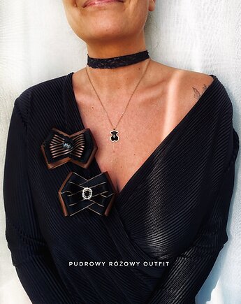 Czekoladowo Czarna Brosza  z  kryształkami NEW, Pudrowy Różowy