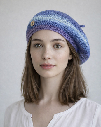 Wiosenny beret damski z antenką ręcznie robiony bawełna one size, splotomaniaa