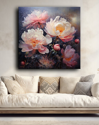 Kwiaty peonie - Obraz na płótnie - Druk, Blejtrama - Akwarela, Boho #10, Black Sapphire Art
