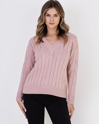 Sweter w warkoczowy wzór - SWE316 pudrowy róż MKM, MKMswetry