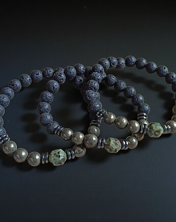 Turkus afrykański, piryt, lawa : męska bransoletka, kaktusia