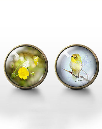 Kolczyki - Żółty kwiat, ptak - brąz, ZAMIŁOWANIA - Prezent marzeń
