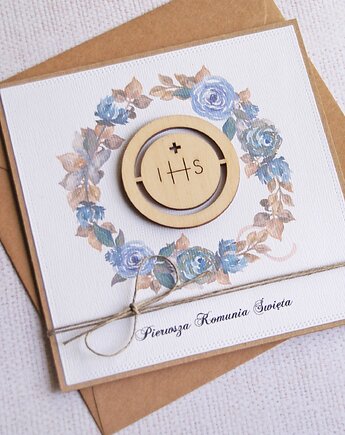 Kartka z życzeniami : I Komunia Święta : niebieska : ihs, kaktusia