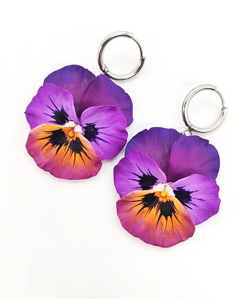 Kolczyki bratki fioletowe wiszące handmade, kwiaty z gliny polimerowej, Albina LaBelle