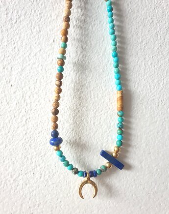 Naszyjnik choker HATHOR  lunula, turkus, lapis lazuli, jaspis obrazkowy, modesign