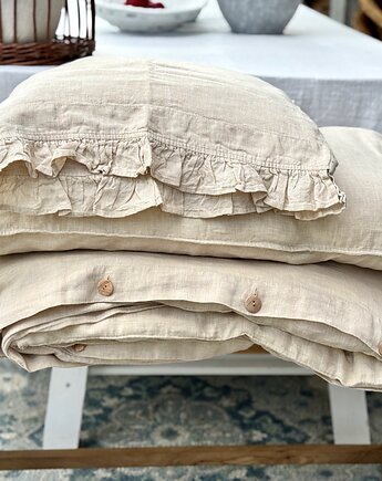 Komplet poszewek z lnu tkanego z beżowej i białej przędzy, Nature Bed