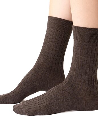 Skarpetki Simple z wełny merino prążkowane brązowe, Lucky HandMade