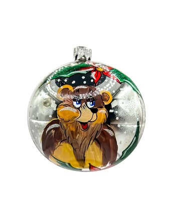 Bombka niebieska z misiem i świątecznymi ozdobami, Syn Bombkarza