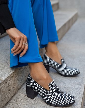 SKÓRZANE PÓŁBUTY ZAPATO 250 CZARNO BIAŁA KWADRATY, Zapato