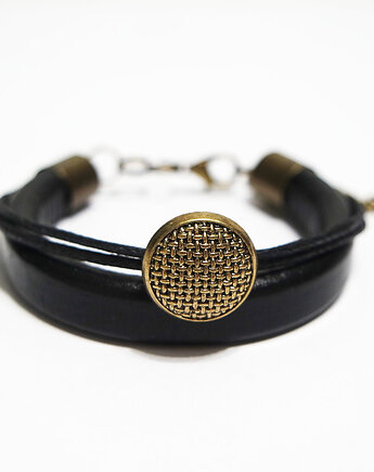 Bransoletka skórzana - Złoty guzik - unisex, czarna, yenoo