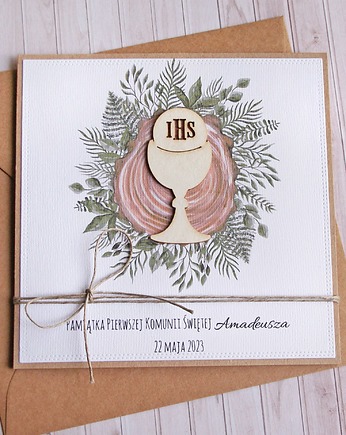 Kartka, PERSONALIZACJA : I Komunia Święta : drewno : hostia, kaktusia