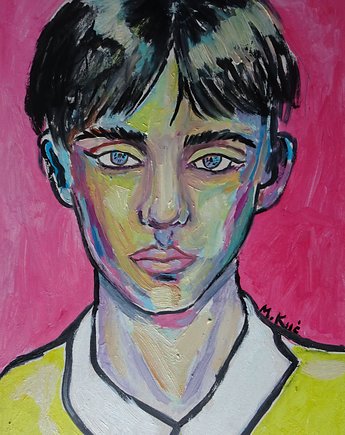 Kolorowy obraz ręcznie malowany olejny do salonu boy pink, alice oil on canvas