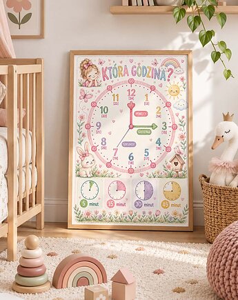 Plakat edukacyjny CZAS ZEGAR  dla dziewczynki, Dekoracjan