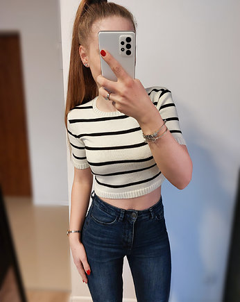 CROP TOP Z KRÓTKIM RĘKAWEM I265 BIAŁO-CZARNY, sentley