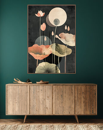 Liście lotusu - Plakat, druk - Chiński Orient, Harmonia Zen, Wabi Sabi #106, Black Sapphire Art