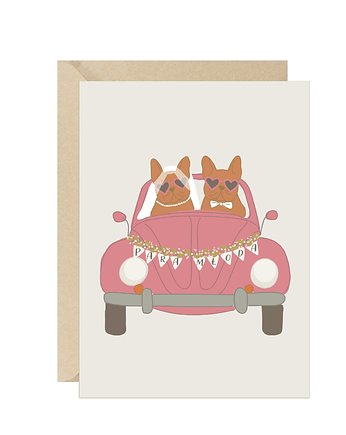Kartka ślubna buldogi francuskie eko, Pink Pug