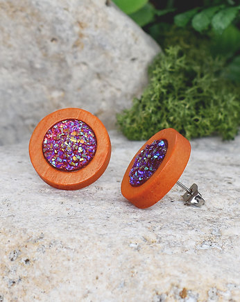 Drewniane kolczyki sztyfty z druzami boho, Spirit Of Copper