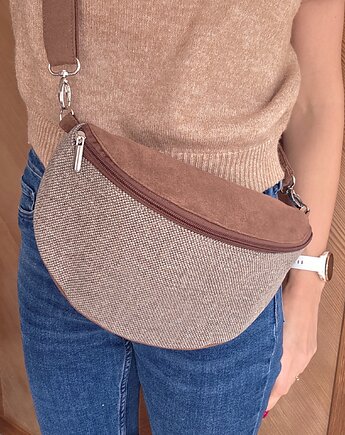 Beżowo brązowa nerka pleciony materiał boho na ramię pojemna, Made by Joan