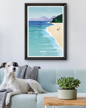 Plakat Morski spacer z psem, OKAZJE - Prezent na Mikołajki