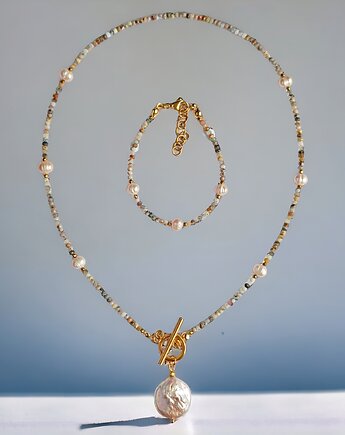 KOMPLET : naszyjnik i bransoletka OPAL peruwiański i PERŁY, kaktusia