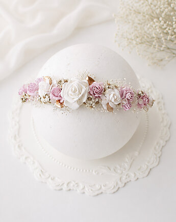 Opaska na chrzest z kwiatami biel, fiolet lilac, złoto, Petite Dame