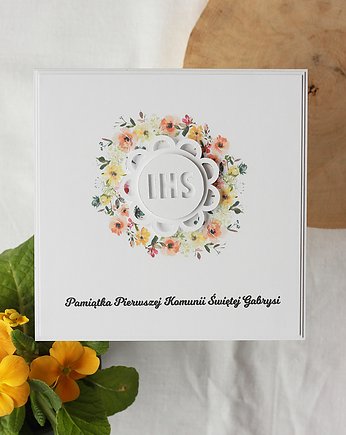 Kartka komunijna z kwiatowym wiankiem, papierkarnia