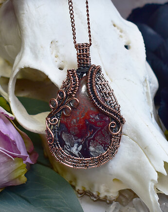 Miedziany wisiorek wire wrapping z agatem Crazy Lace, Spirit Of Copper