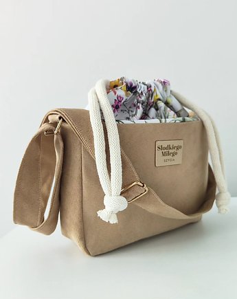 Torebka SOFIA Spring Meadow - mała beżowa torebka z kominem z nubuku, OKAZJE - Prezent na Dzień Kobiet