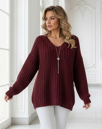 661-1 Ciepły sweter oversize o mięsistym splocie i dekolcie V - bordowy, NUMOCO