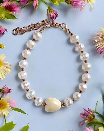 Bransoletka : PERŁY naturalne i ceramiczne serduszko : pastelowe żółte, kaktusia