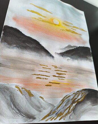 PROMOCJA! Złote akwarele 30x42 słońce morze zachód szlagmetal złoto folia, kkjustpaint Karolina Kamińska