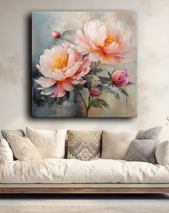 Kwiaty peonie - Obraz na płótnie - Druk, Blejtrama - Akwarela, Boho #11, Black Sapphire Art